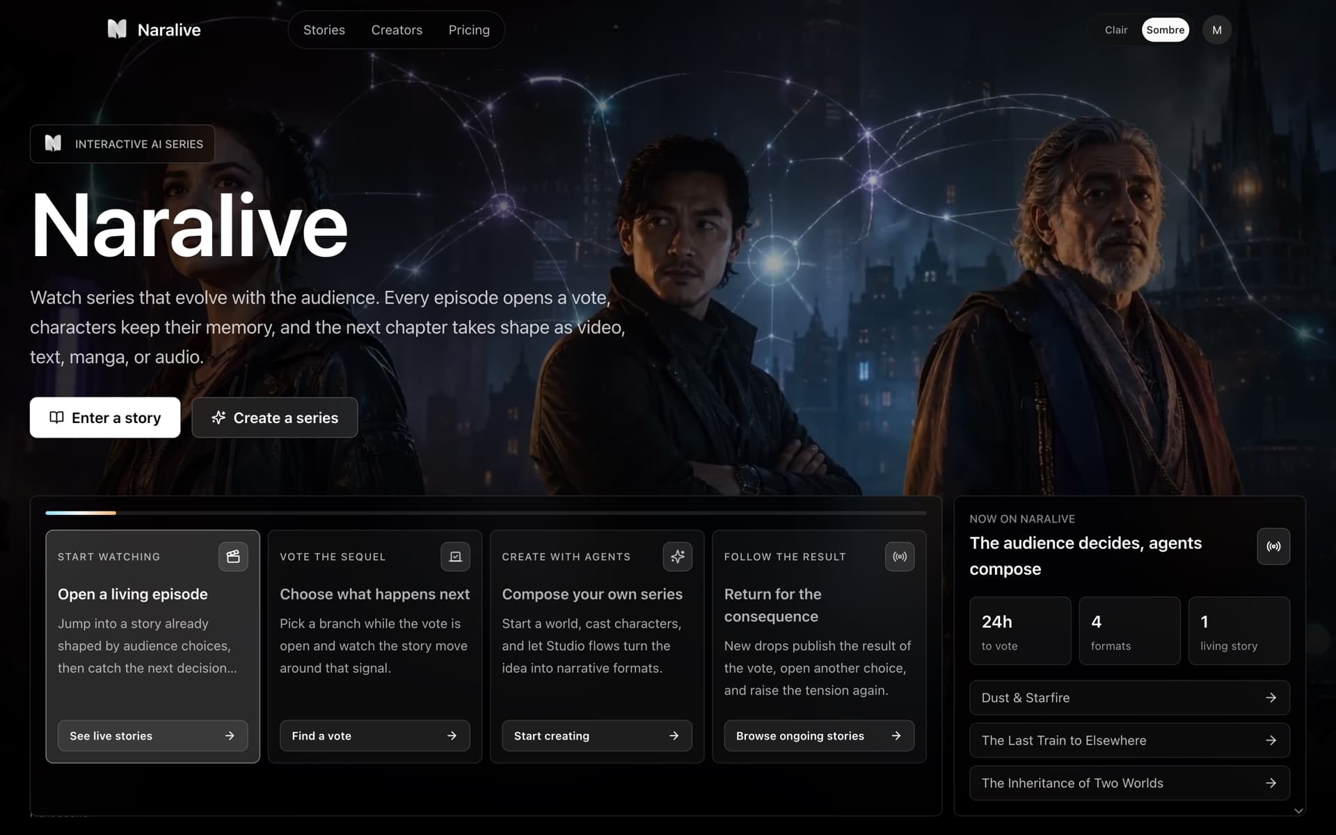 Capture réelle de naralive.com : accueil de la plateforme, vote en cours et séries en ligne.