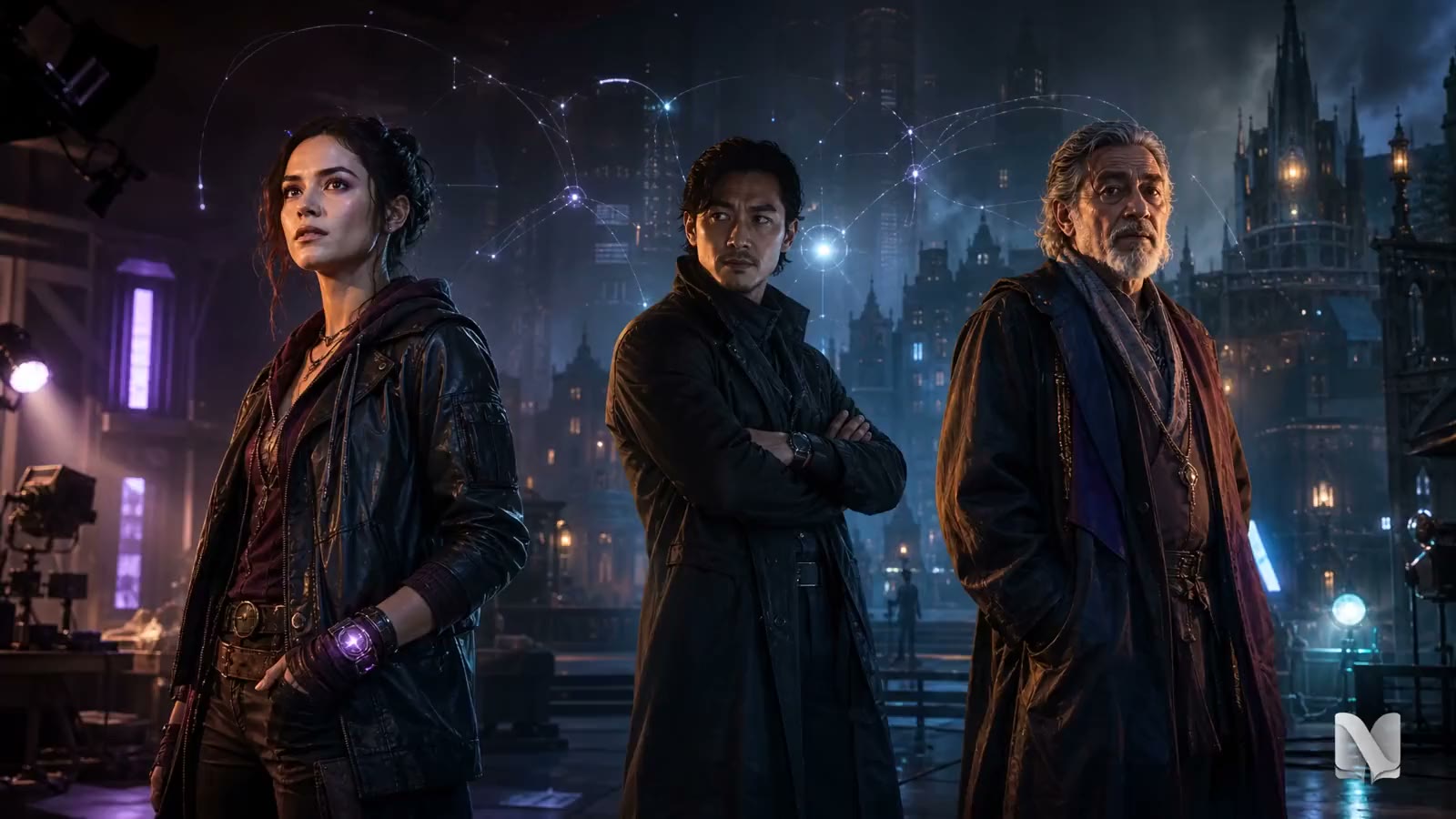 Teaser cinématique de Naralive : trois personnages devant une ville nocturne reliée par un réseau lumineux.